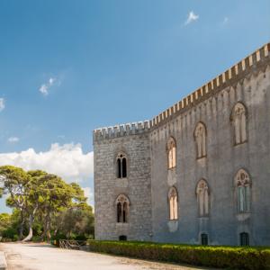 Château médiéval avec fenêtres gothiques et jardin, ciel dégagé.