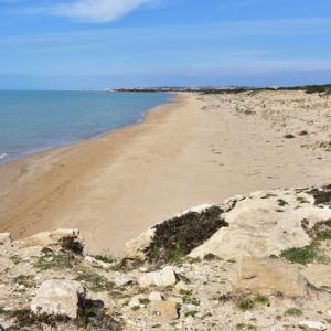 Plage déserte avec mer bleue et ciel clair.