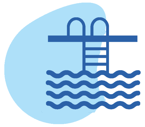 Icon of a swimming pool with ladder and blue waves.