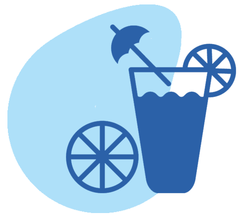 Refreshing drink with umbrella and citrus slices.