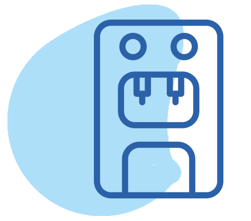 Stylized drawing of a robot with a surprised expression.