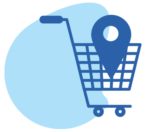 Shopping cart with blue location icon.