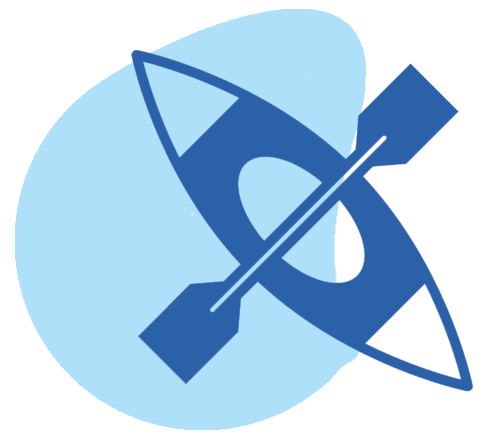 Blue canoe icon with paddle on light blue background.