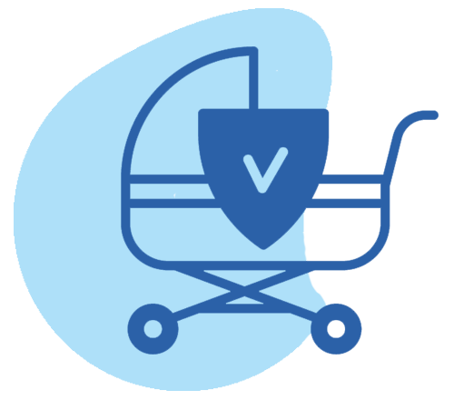 Stroller icon with shield and checkmark.