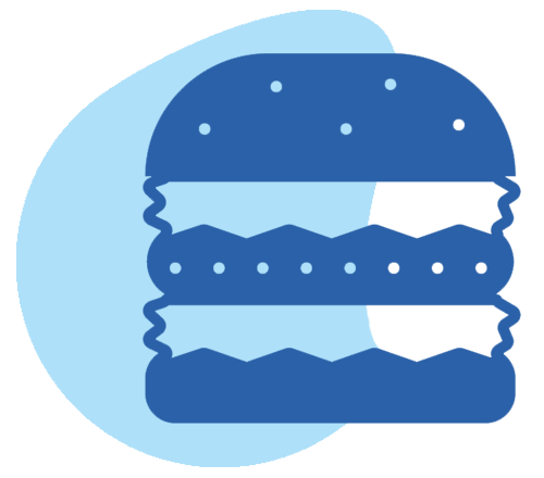 Stylized icon of a blue hamburger on a light background.