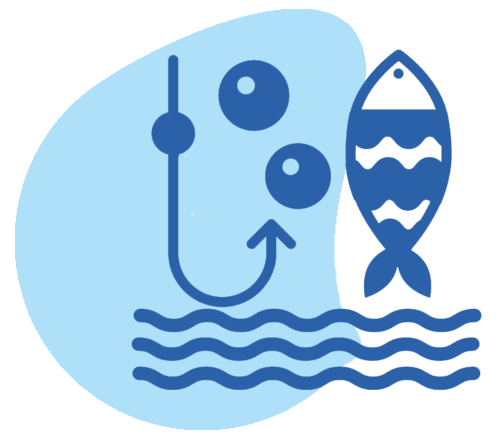 Fishing icon with hook, fish, and waves.