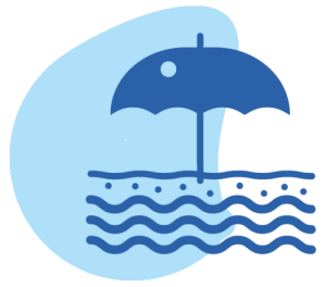 Beach icon with umbrella and waves.